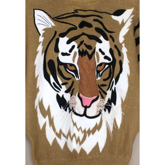 Vintage Bonnie Boerer Sweater Tan Tiger Applique Size Medium M 80s 90s Vtg - Picture 4 of 4